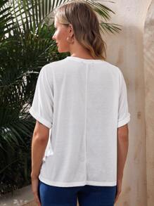 SHEIN Camiseta Materna Sólida De Manga Enrollada - Blanco - Ver 2