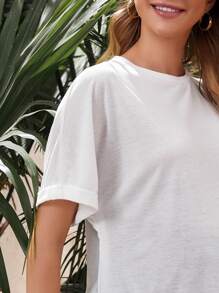 SHEIN Camiseta Materna Sólida De Manga Enrollada - Blanco - Ver 3