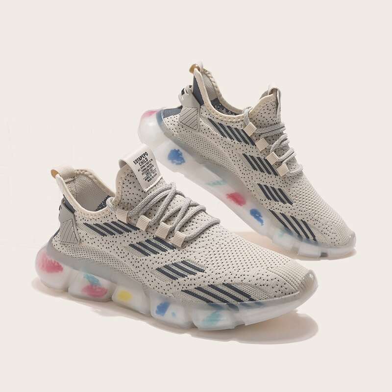

Guys Lace Up Decor Striped Graphic Knit Running Shoes, Beige
