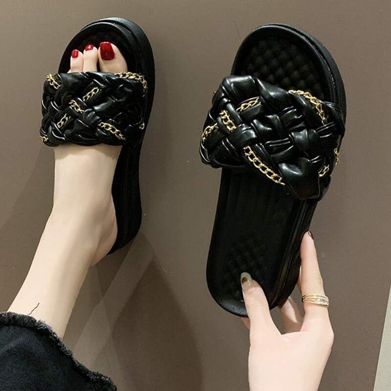 

Braided Chain Band Flatform Mules, Black