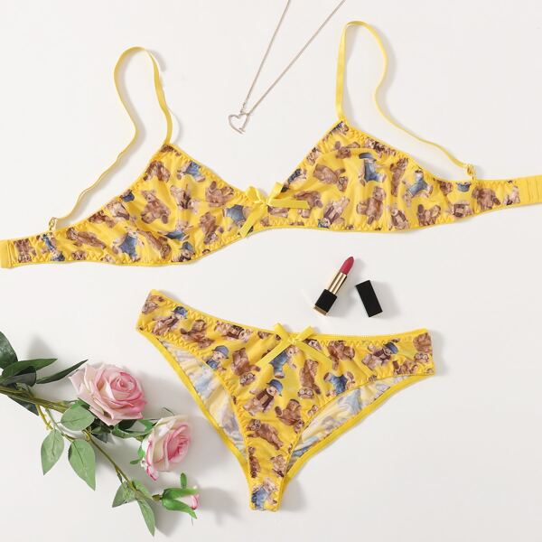 

Plus Bear Doll Print Lingerie Set, Multicolor