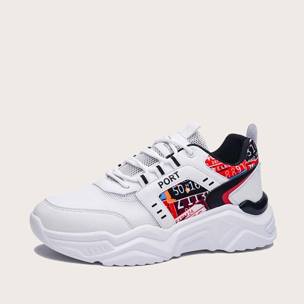 

Men Colorblock Lace-up Front Mesh Panel Sneakers, White