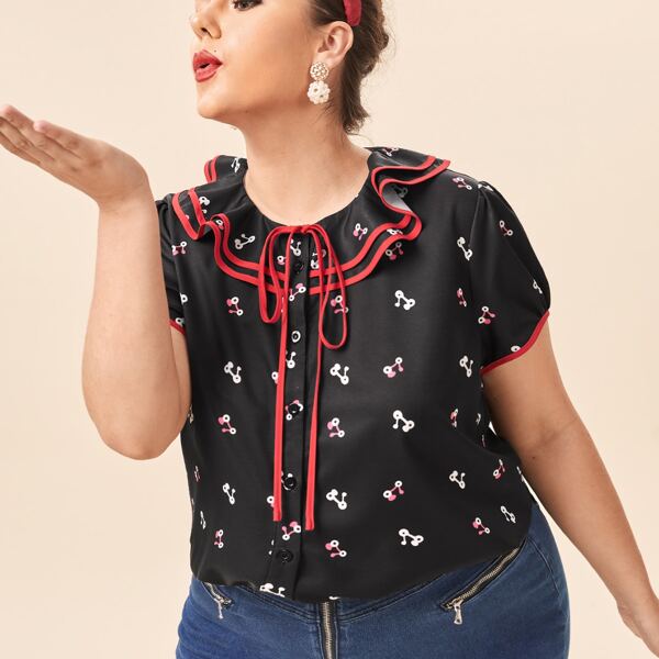 

Plus Allover Print Contrast Binding Blouse, Black