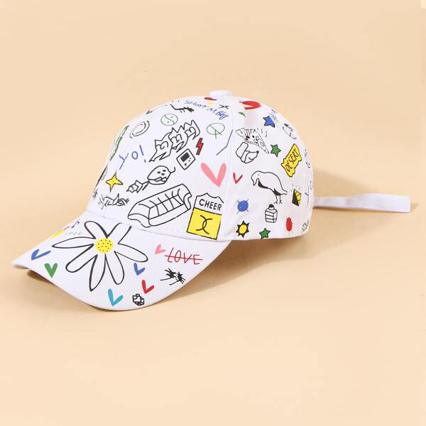 

Flower & Heart Print Baseball Cap, White