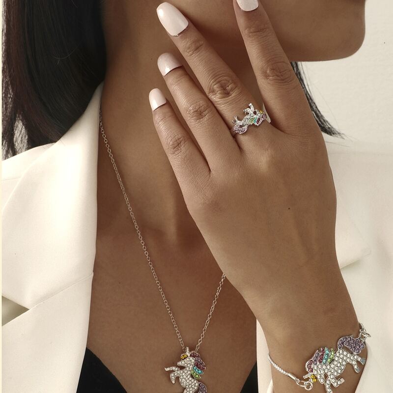 

5pcs Rhinestone Unicorn Decor Jewelry Set, Silver