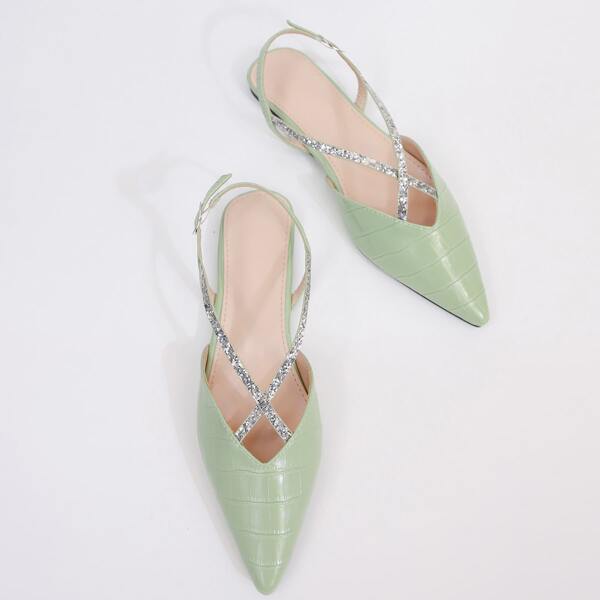 

Glitter Decor Croc Embossed Slingback Flats, Green