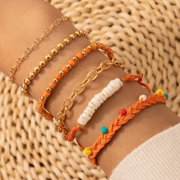 

6pcs Bead Decor Bracelet Set, Gold