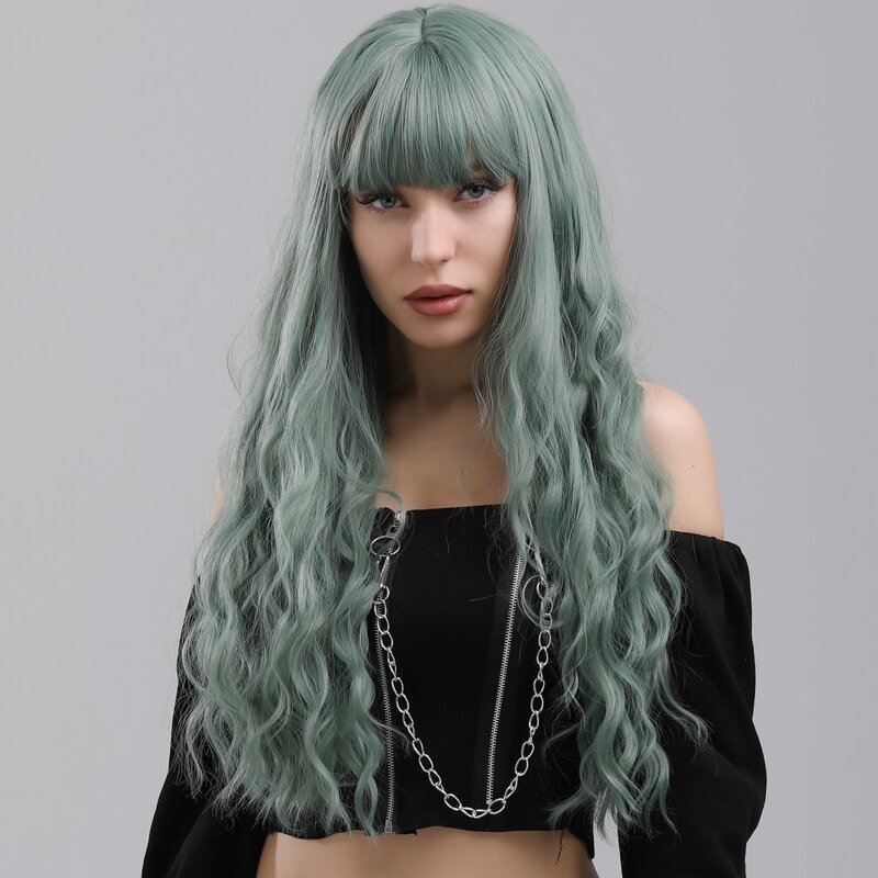 

Natural Long Curly Wig With Bangs, Green
