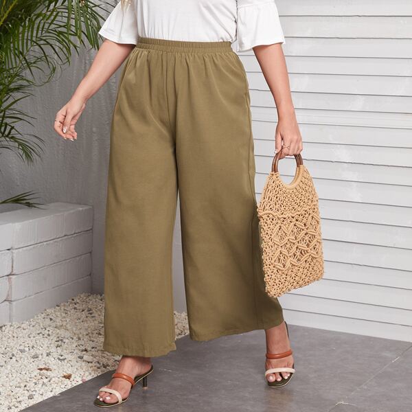 

Plus Solid Wide Leg Pants, Brown
