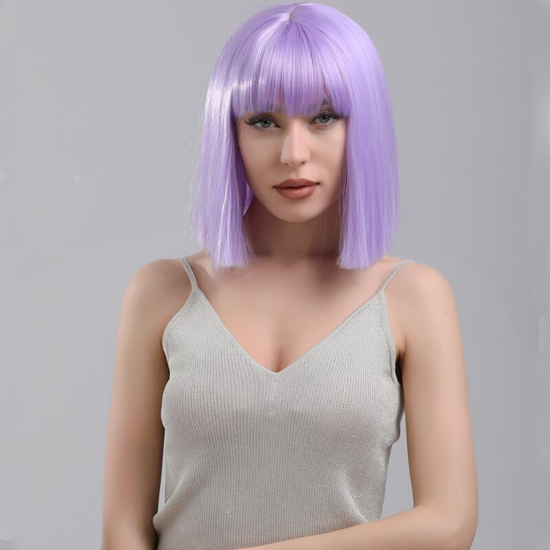 

Natural Short Wig With Bangs, Mauve purple