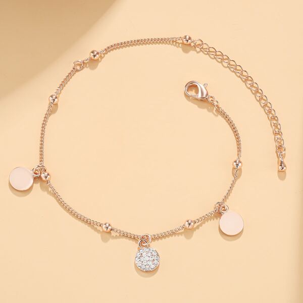 

Rhinestone Round Charm Chain Anklet, Rose gold