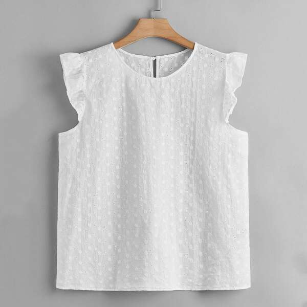 

Plus Eyelet Embroidery Ruffle Trim Top, White