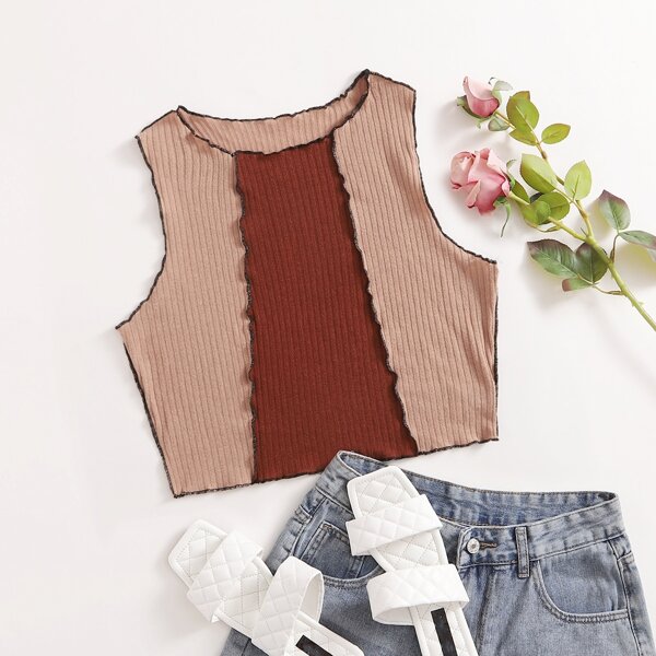 

Plus Contrast Stitch Lettuce Trim Rib-knit Tank Top, Multicolor
