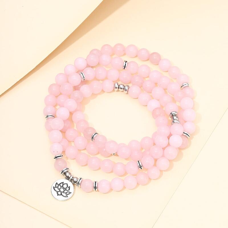 

Flower Engraved Round Charm Beaded Bracelet, Pink