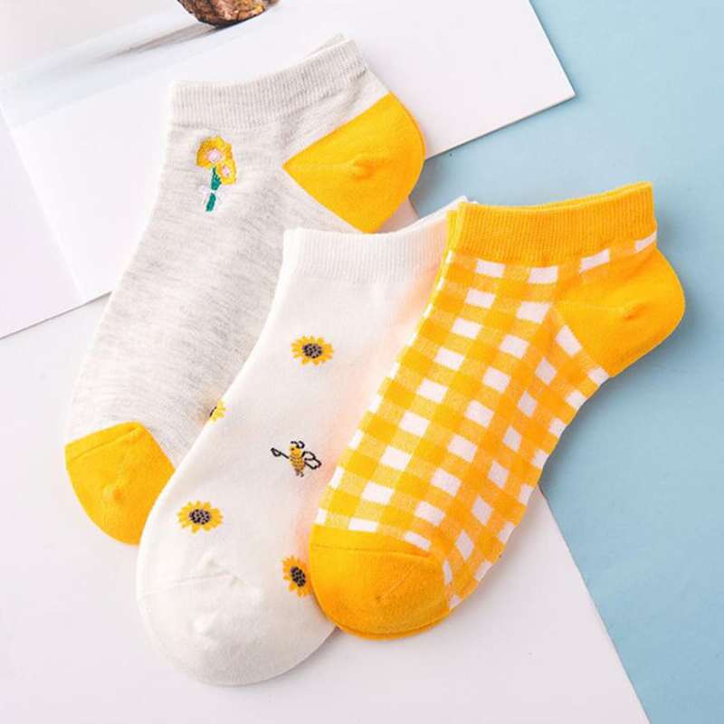 

3pairs Bee & Flower Ankle Socks, Multicolor