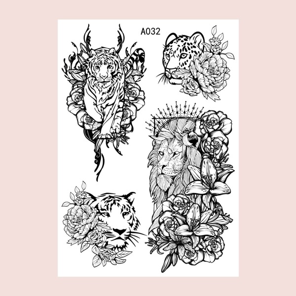 

1sheet Flower & Tiger Pattern Tattoo Sticker, Black
