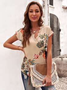 EMERY ROSE Áo sơ mi Tương phản ren Hoa Thanh lịch - Màu be - Xem 3