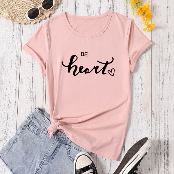 

Slogan & Heart Print Tee, Baby pink