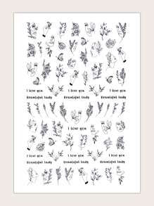 1 hoja pegatina de arte de uña con patrón de mariposa y planta - Negro - Ver 1