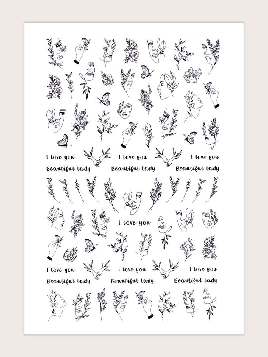 1 hoja pegatina de arte de uña con patrón de mariposa y planta - Negro - Ver 1