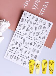 1 hoja pegatina de arte de uña con patrón de mariposa y planta - Negro - Ver 2