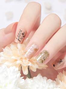 1 hoja pegatina de arte de uña con patrón de mariposa y planta - Negro - Ver 3