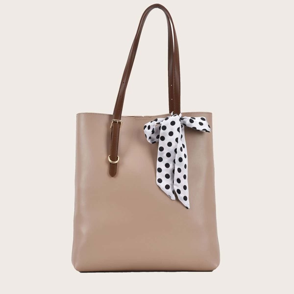 

Twilly Scarf Decor Shoulder Tote Bag, Khaki