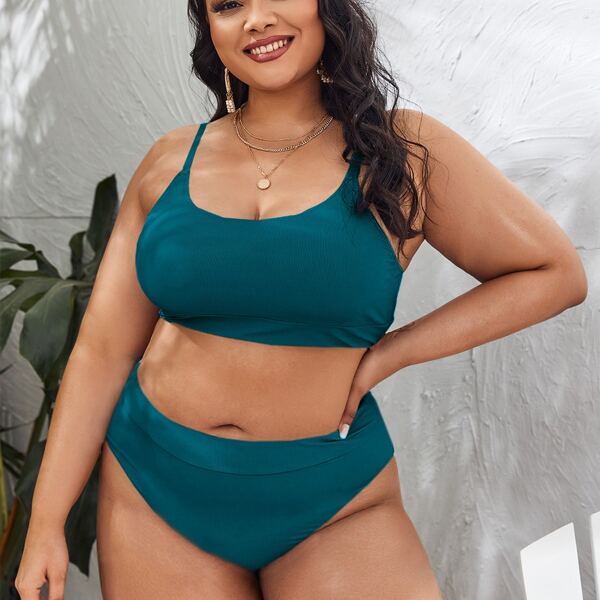 

Plus Rib High Waisted Bikini Swimsuit, Teal blue