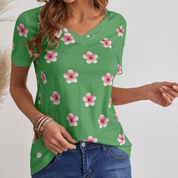 

Floral Print V Neck Tee, Green