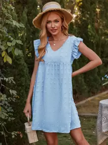 Swiss Dot Ruffle Trim Smock Dress - Blue - View 1