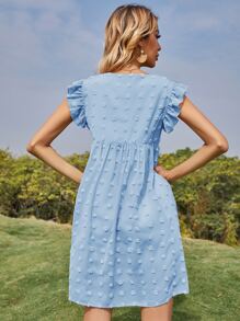 Swiss Dot Ruffle Trim Smock Dress - Blue - View 2