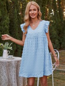 Swiss Dot Ruffle Trim Smock Dress - Blue - View 3