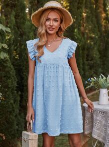 Swiss Dot Ruffle Trim Smock Dress - Blue - View 4