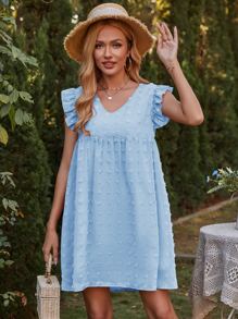 Swiss Dot Ruffle Trim Smock Dress - Blue - View 6