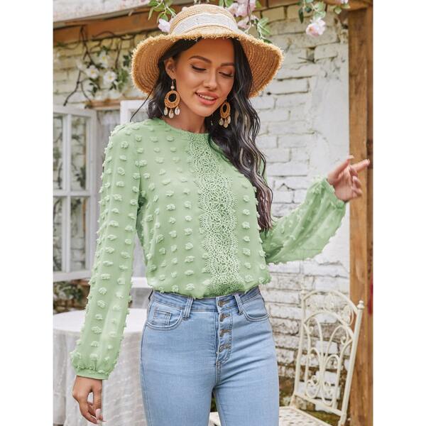 

Swiss Dot Contrast Lace Chiffon Blouse, Lime green