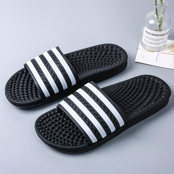 

Men Striped Open Toe Slides, Black and white