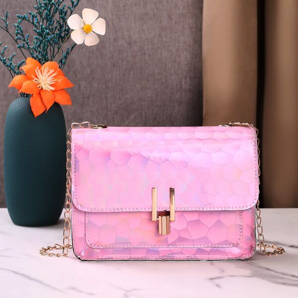 

Geometric Graphic Flap Chain Bag, Pink