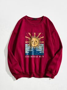 SHEIN Unity Sun & Letter Graphic Oversized Thermal Sweatshirt - Burgundy - View 1