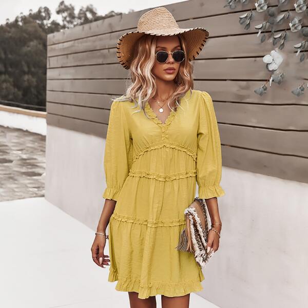 

V-neck Flounce Sleeve Layered Dress, Yellow