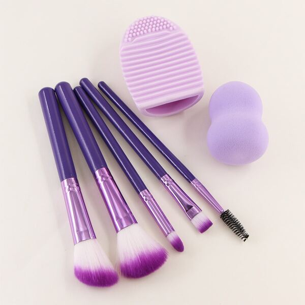 

5pcs Makeup Brush & 1pc Makeup Sponge & 1pc Cleaning Tool, Multicolor