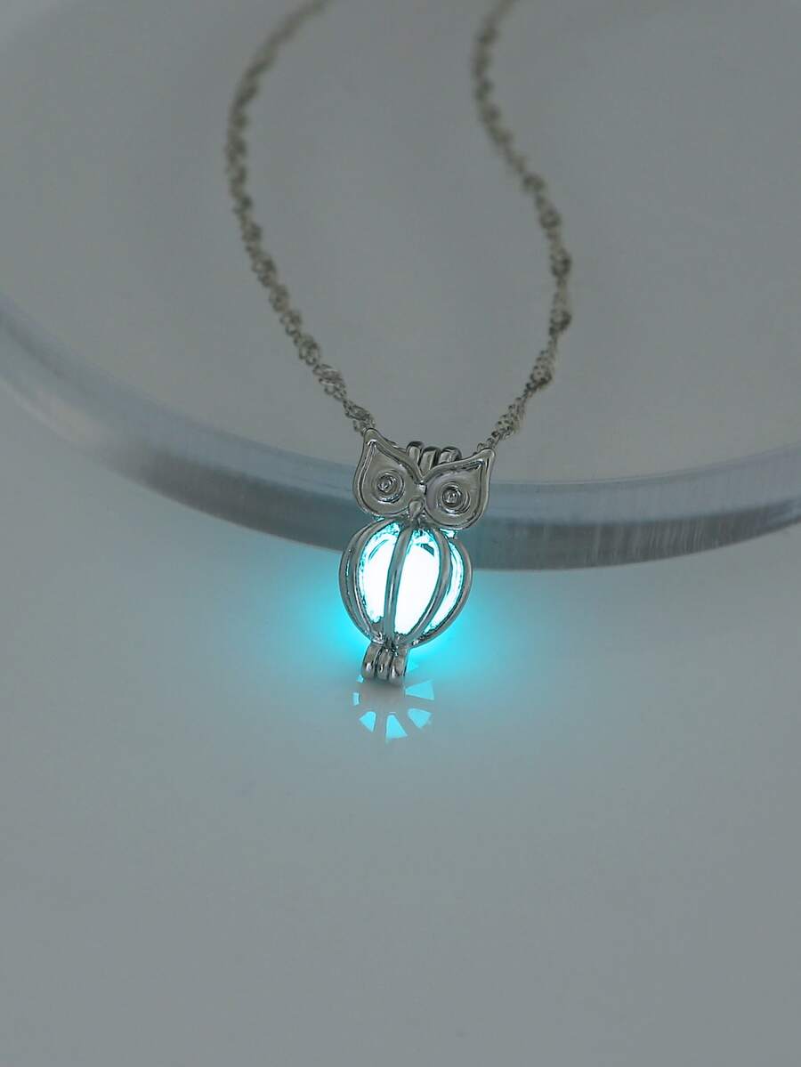 夜光貓頭鷹吊墜項鍊 - 銀色 - 查看 1