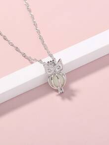 夜光貓頭鷹吊墜項鍊 - 銀色 - 查看 3