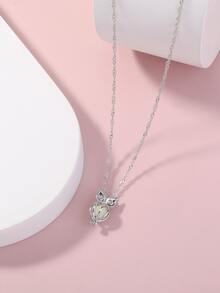 夜光貓頭鷹吊墜項鍊 - 銀色 - 查看 5