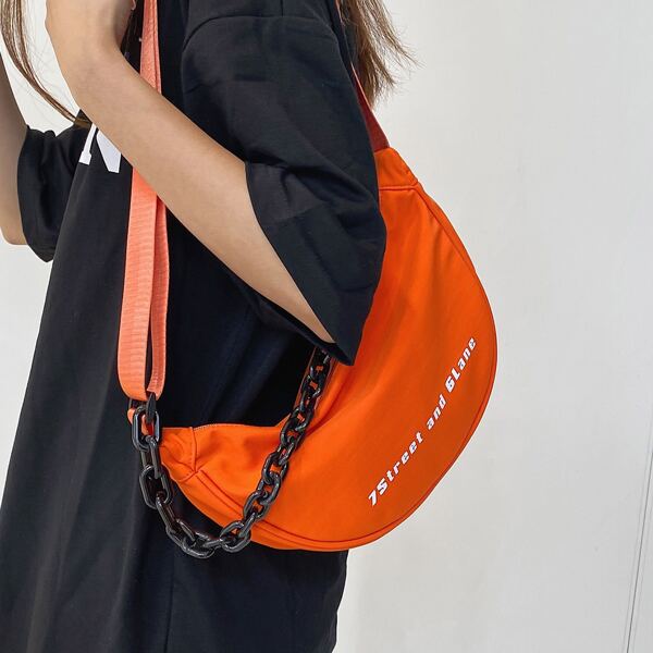 

Chain Decor Letter Graphic Crossbody Bag, Orange
