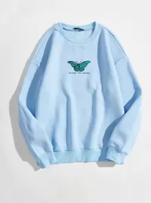 SHEIN Unity Butterfly & Slogan Graphic Thermal Sweatshirt - Baby Blue - View 1