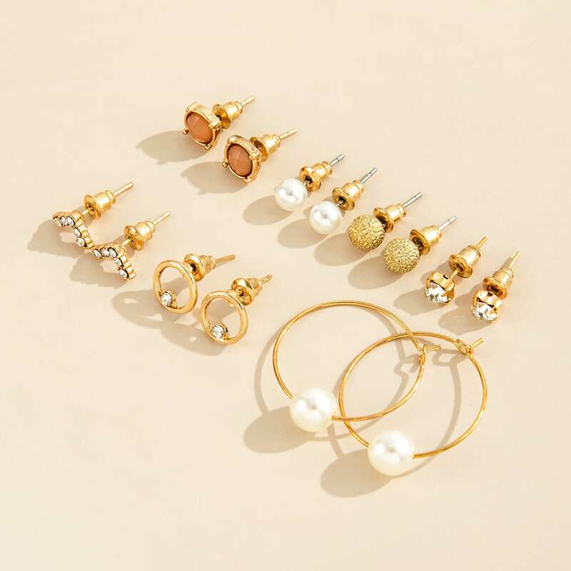 

7pairs Rhinestone & Faux Pearl Earrings, Gold