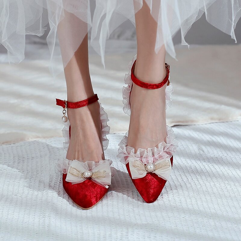 

Bow Decor Ruffle Trim Ankle Strap Pumps, Red