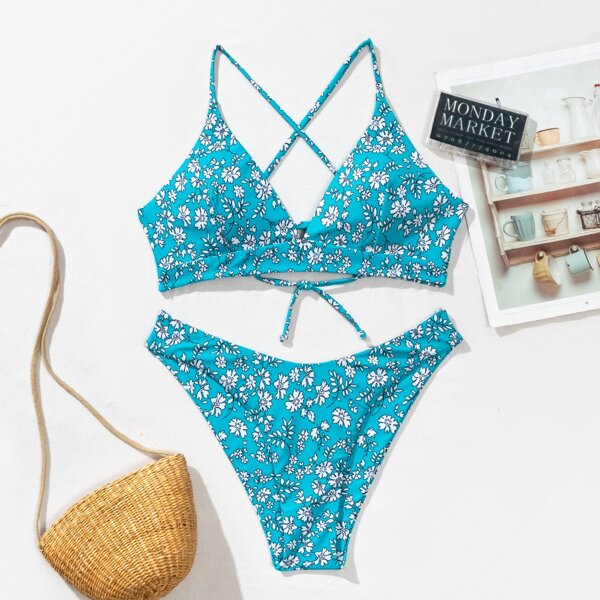 

Ditsy Floral V Neck Bikini Swimsuit, Blue and white