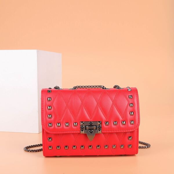 

Studded Decor Quilted Chain Bag, Red
