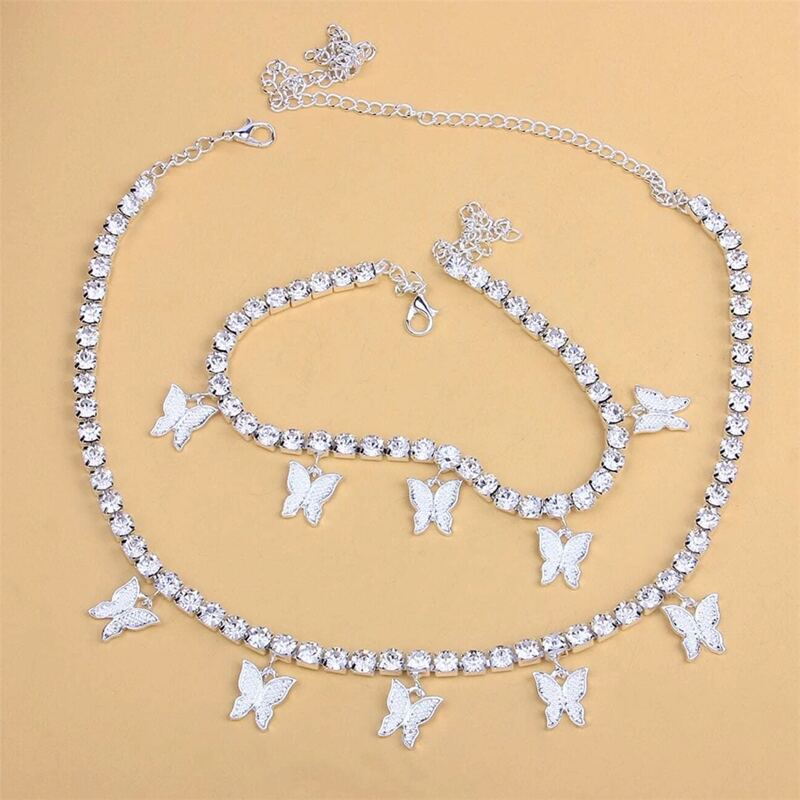 

1pc Butterfly Design Rhinestone Decor Necklace & 1pc Anklet, Silver